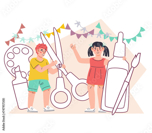 Crafts and arts creative education ideas for children banner for art classes and extracurricular activities, flat vector illustration isolated on white.