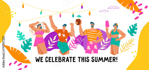 Summer vacation and pool party banner. Summer beach vibes and travel concept with people characters, flat vector illustration isolated.