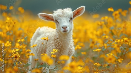 White goat standing upright in a meadow facing the camera