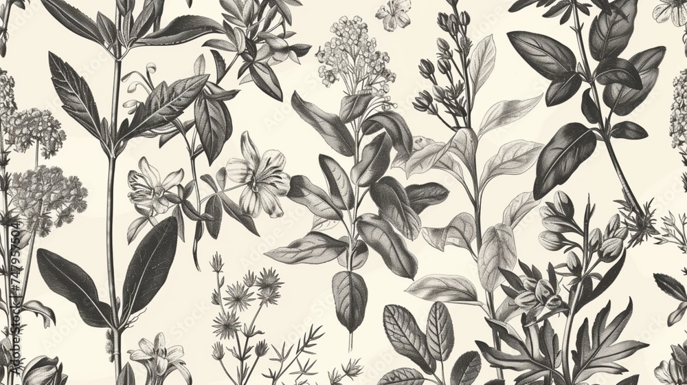 Hand-drawn botanical illustrations arranged in a repeat pattern, exuding a vintage and nostalgic charm.