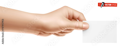 Vector realistic illustration of a hand holding a blank business card on a white background.