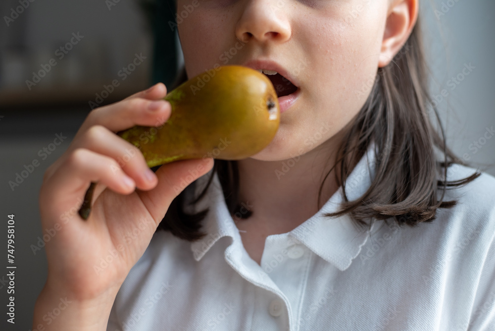 Girl Eating Pear: Close-Up