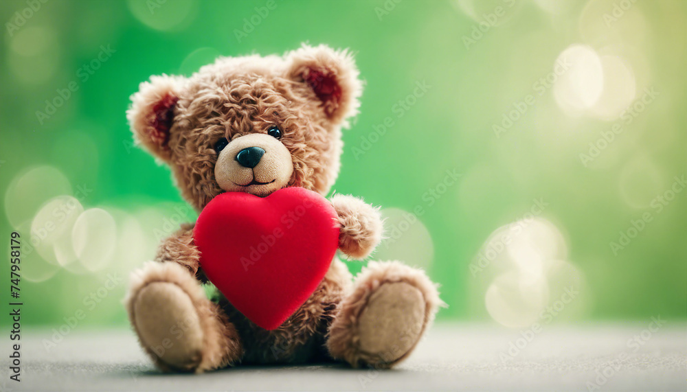 Obraz premium Smiling teddy bear holding red soft heart and pastel green background. 