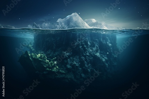 a rock under water with icebergs in the background