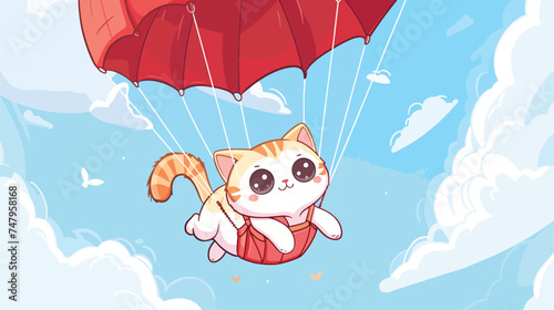 Cute cat is flying on a parachute in the sky Cartoo