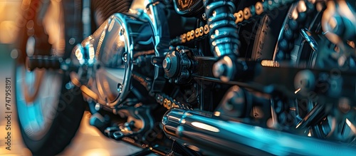 Detailed close-up view of a motorcycle engine, showcasing the rear chain and brake disk in focus. The mechanical components are visible, highlighting the intricate design and functionality of the
