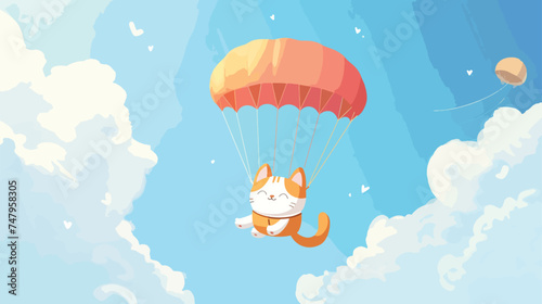 Fototapeta Naklejka Na Ścianę i Meble -  Cute cat is flying on a parachute in the sky Handdr