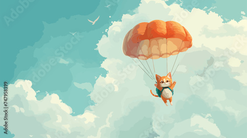 Cute cat is flying on a parachute in the sky illustration