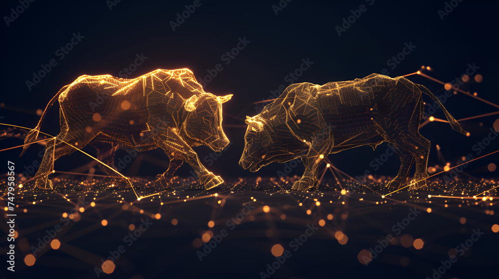 bull and bear financial infograhic stock market chart award in gold and black color with copy space. generative ai - obrazy, fototapety, plakaty 