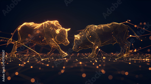 bull and bear financial infograhic stock market chart award in gold and black color with copy space. generative ai photo