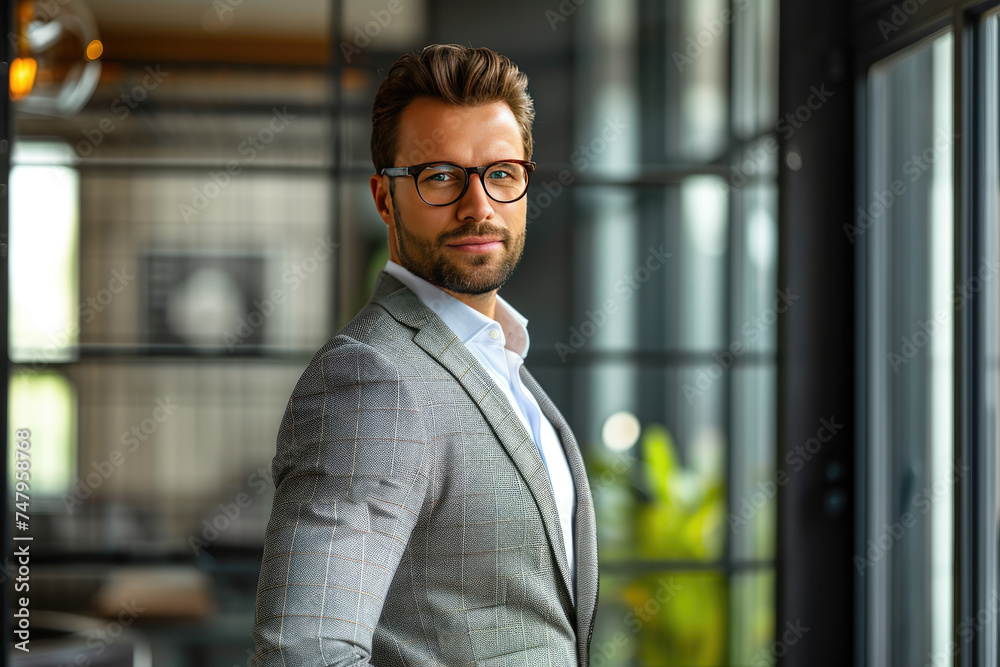 Stylish businessman in modern office space with a focused and determined look Stylish businessman in modern office space with a focused and determined look