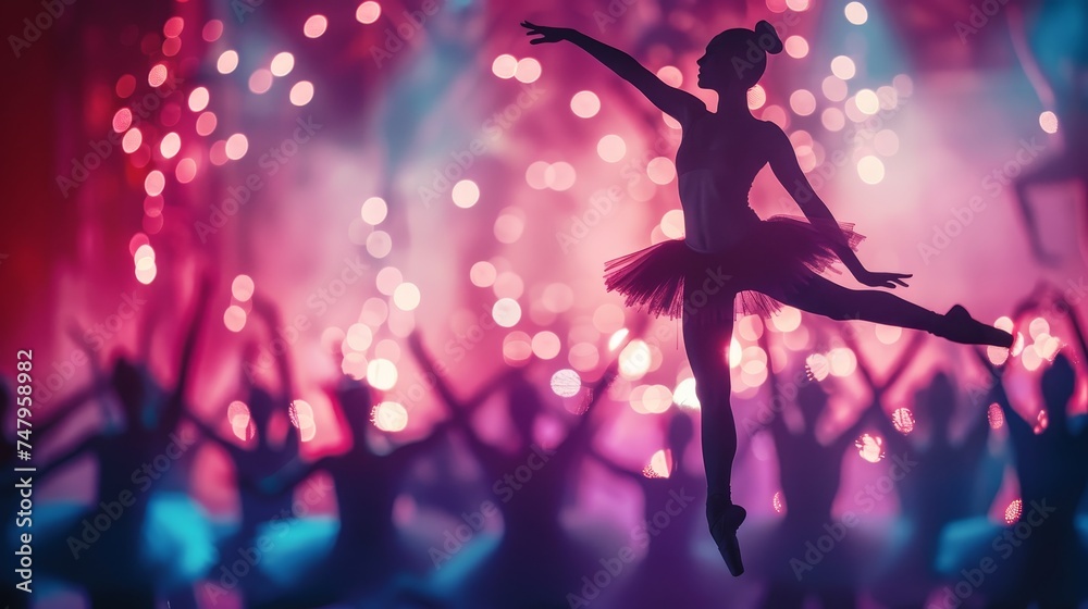Silhouette of a ballet dancer performing onstage, with the backdrop of colorful bokeh stage lights.