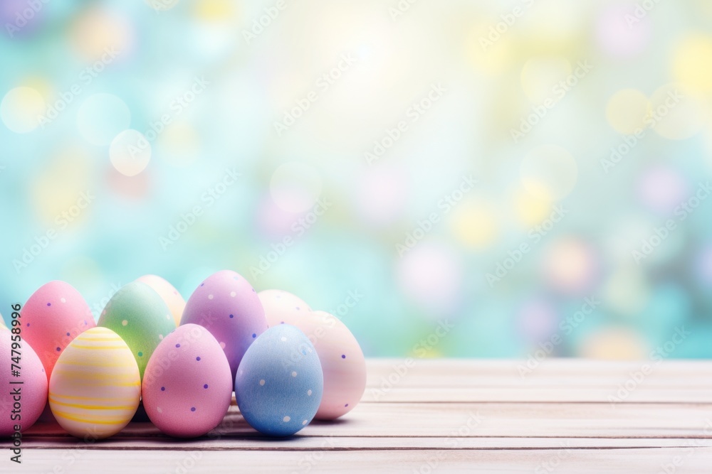 Easter banner of colorful pastel painted eggs on white wooden background. Religion tradition pattern. Greeting card. Copy space. Easter banner of colorful pastel painted eggs on white wooden background. Religion tradition pattern. Greeting card. Copy space.