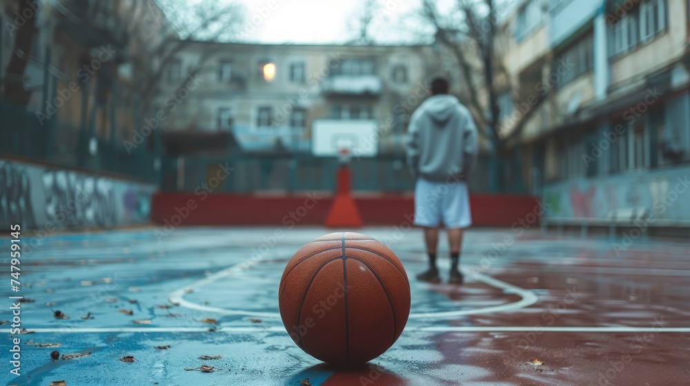 A focused shot of a basketball on a wet outdoor court, with a blurred player standing near the hoop in a contemplative stance. A focused shot of a basketball on a wet outdoor court, with a blurred player standing near the hoop in a contemplative stance.
