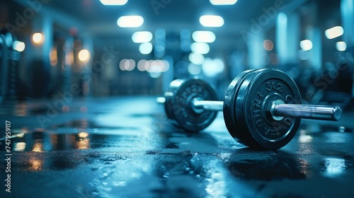 A heavy barbell lies on the wet floor of a gym, set against the backdrop of atmospheric blue lighting, ready for weight training.