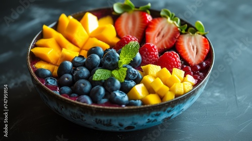 Healthy breakfast bowl with yogurt  fresh berries  mango  banana and granola on a dark background.