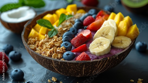 Healthy breakfast bowl with yogurt, fresh berries, mango, banana and granola on a dark background.