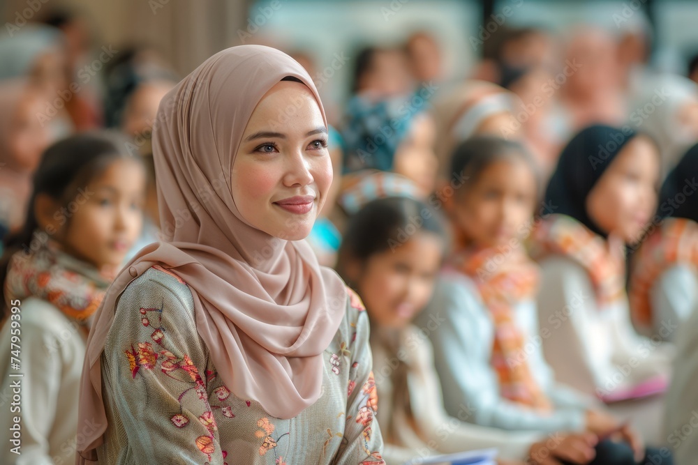 Smiling Young Woman in Hijab with Group of People in Soft Focus Background at Cultural Event