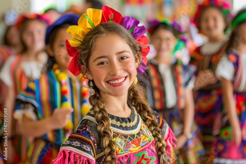 Cheerful Young Girl in Colorful Traditional Dress with Flowers Celebrating Cultural Festival with People in Background