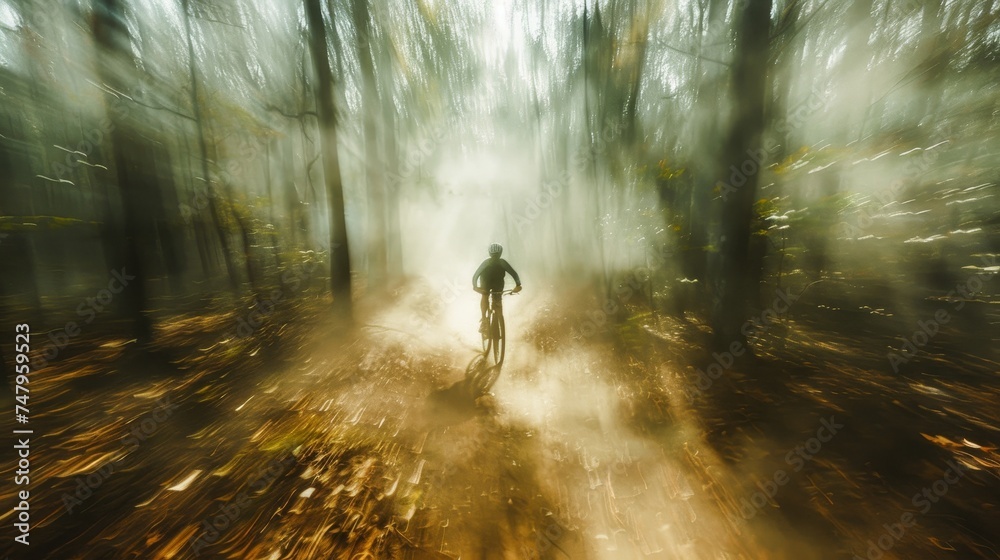 A cyclist ventures through a misty forest bathed in the ethereal glow of morning sunlight, creating a dreamlike atmosphere. A cyclist ventures through a misty forest bathed in the ethereal glow of morning sunlight, creating a dreamlike atmosphere.