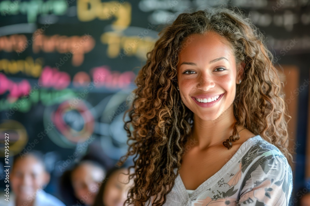 Fototapeta premium Radiant Young Woman with Curly Hair Smiling in a Cafe Environment with Chalkboard Menu in Background