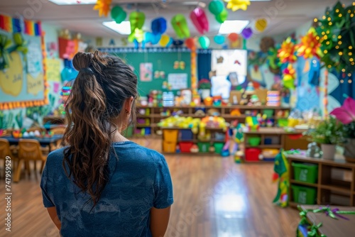 Young Girl Gazing into Colorfully Decorated Classroom with Educational Materials and Festive Decor © pisan