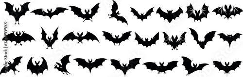 Bat silhouette collection, perfect for Halloween designs, spooky art projects, and night themed creative works. Various bats flying positions, dark, winged, scary, black design element