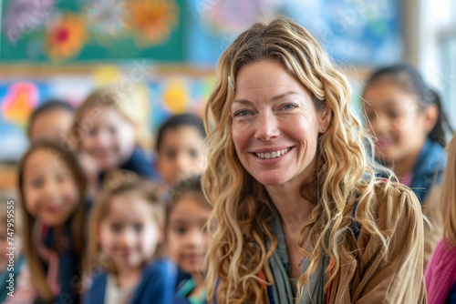 Smiling Female Teacher in Classroom with Group of Happy Elementary Students