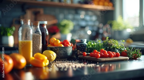 Bright and warm kitchen setting featuring a variety of fresh vegetables, seeds, and juice, ready for healthy cooking.