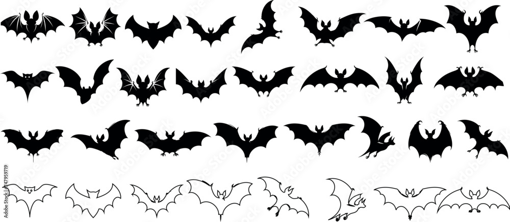 diverse bat silhouettes in flight vector illustration. Perfect for Halloween decor, bats vector isolated on a white background.