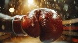 Sweat and water droplets glisten on a pair of red boxing gloves in a well-lit boxing ring, evoking the intensity of training.