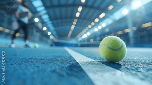 Close-up of a tennis ball on a blue court with a blurred player in the background, capturing the intensity of the match.