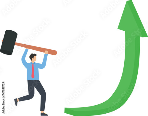 Big hammer to stimulate the arrow to grow upward, Economic stimulus policies and methods concept,

