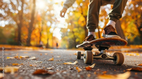 Close-up of a person riding a skateboard along a path strewn with golden autumn leaves, capturing the essence of fall outdoor activities.
