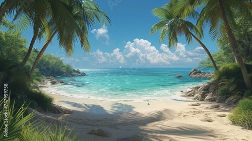 Beautiful sandy beach with clear turquoise ocean and palm trees. .Photorealistic illustrartion