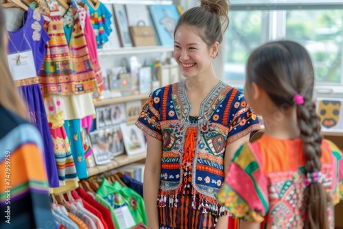 Young Woman Enjoying Traditional Ethnic Market With Colorful Clothing and Handicrafts - Culture, Travel, and Shopping Concept