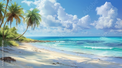 Beautiful sandy beach with clear turquoise ocean and palm trees. .Photorealistic illustrartion © nataliia_ptashka