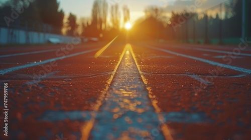 The golden hour sunlight reflects on a wet running track, evoking a sense of calm and determination.