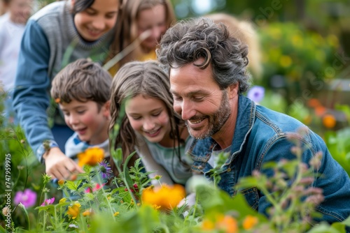 Happy Family Enjoying Summer Day Together in Blossoming Garden, Fun Outdoor Activities, Gardening with Kids, Smiling Parent Spending Quality Time with Children Amongst Colorful Flowers © pisan