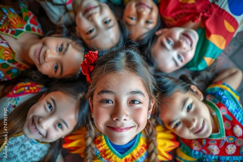 Group of Diverse Children Smiling Together in Colorful Clothes Top View