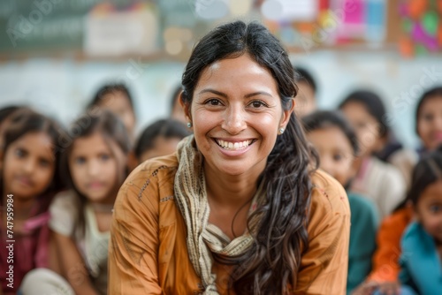 Smiling Woman Teacher in Classroom with Diverse Group of Children, Educational School Activity, Positive Learning Environment