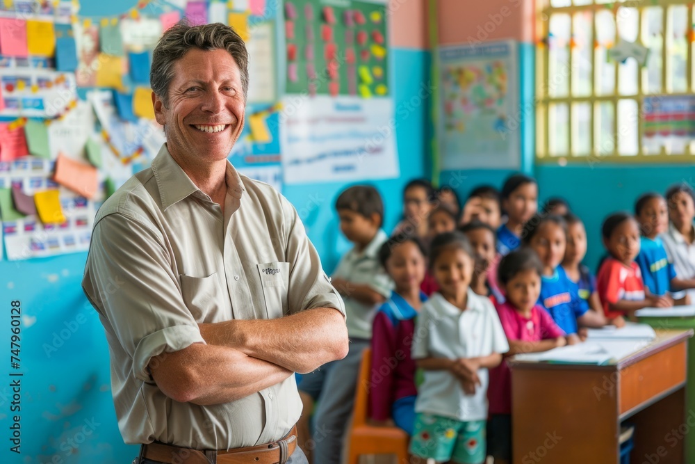 Smiling Male Teacher Standing Confidently in a Colorful Classroom Full of Diverse Elementary Students Smiling Male Teacher Standing Confidently in a Colorful Classroom Full of Diverse Elementary Students