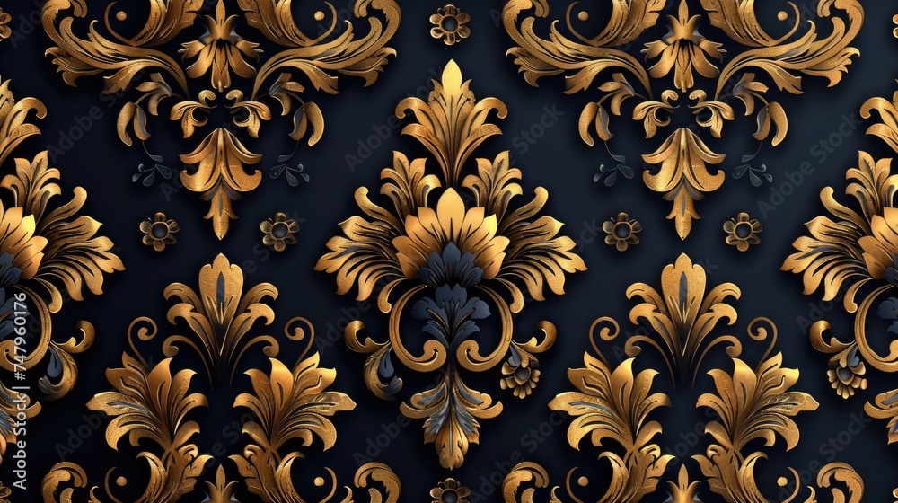 floral damask black gold seamless pattern