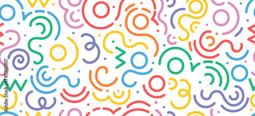 Fun colorful line doodle seamless pattern. Creative minimalist style art background for children or trendy design with basic shapes. Simple party confetti texture, childish scribble shape backdrop