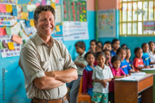 Smiling Male Teacher Standing Confidently in a Colorful Classroom Full of Diverse Elementary Students