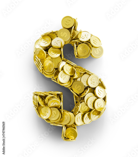 Pile of coins in form of dollar sign isolated on a white background. 3d illustration
