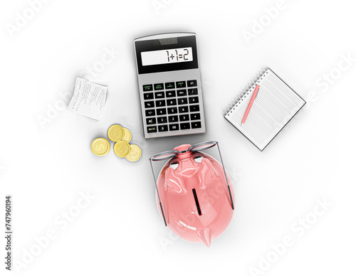 Cute piggy bank with money, notebook and calculator isolated on white background. 3d illustration