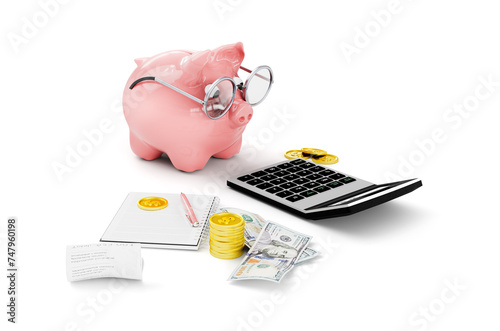 3d rendering of cute piggy bank with money, notebook and calculator isolated on white background