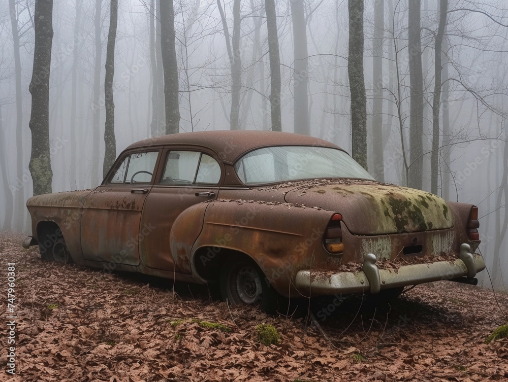 Abandoned Vehicle in Misty Forest Abandoned Vehicle in Misty Forest