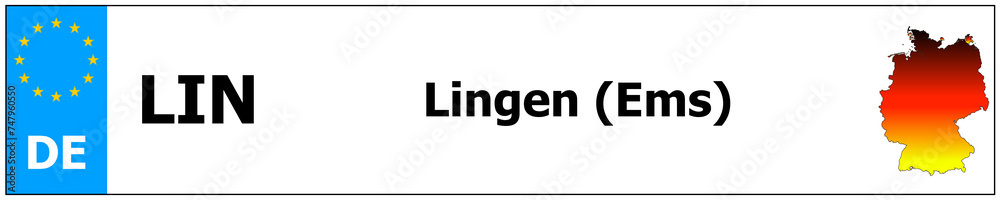 Lingen (Ems) Autokennzeichen Aufkleber Name und Karte von Deutschland. Fahrzeugkennzeichen Rahmen deutsche Nummer - obrazy, fototapety, plakaty 